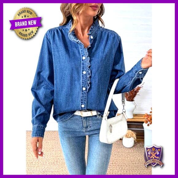 Denim Button Down Shirt Long Sleeve Ruffled Edge Casual Blouse - Picture 4 of 7